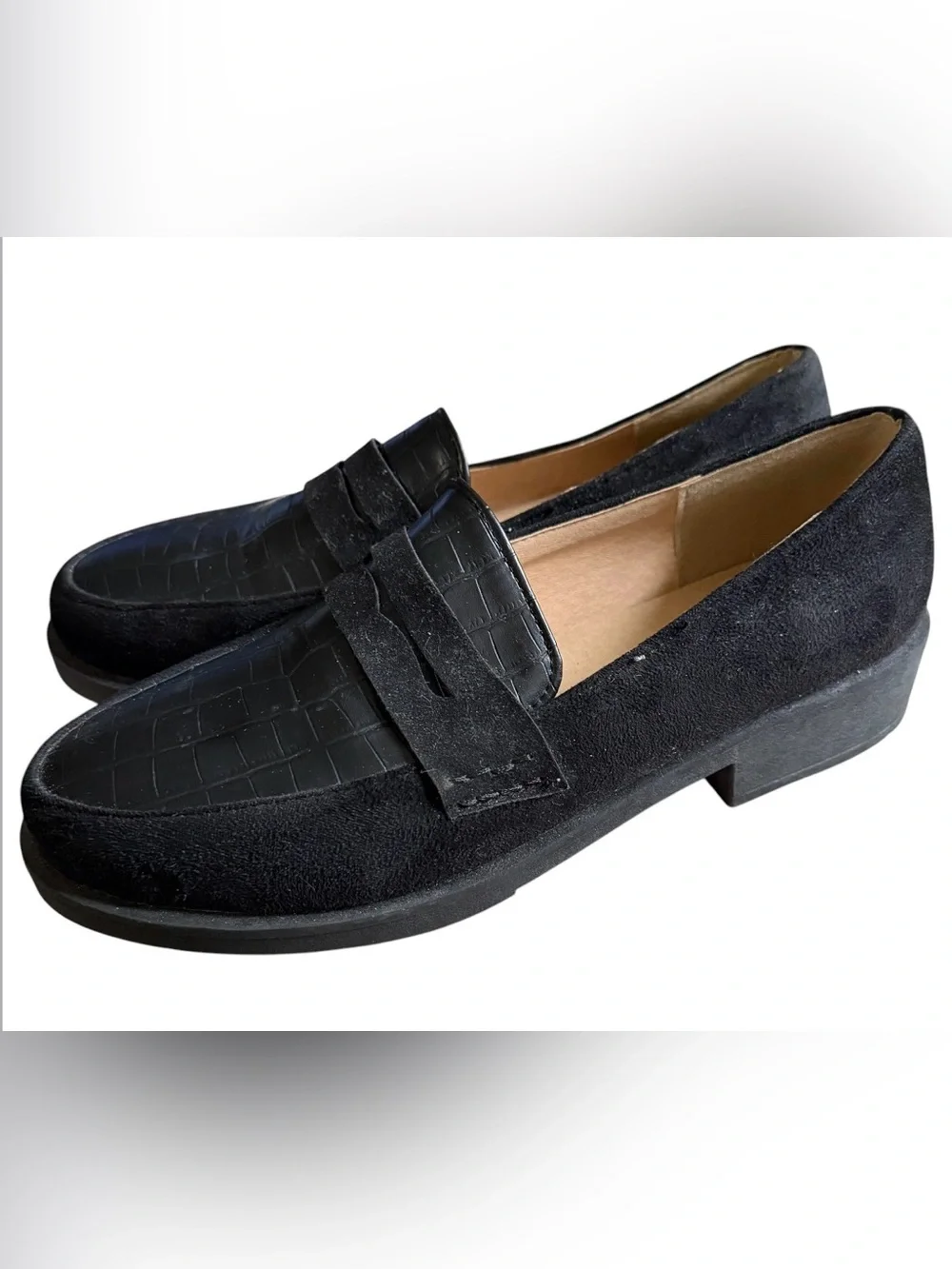 Black Faux Suede Croc Embossed Penny Loafers Slip-On Shoes Women’s Sz 9 (Estimat